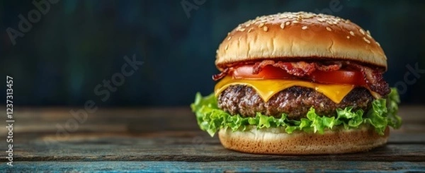 Fototapeta Juicy bacon cheeseburger on rustic wood. (3)