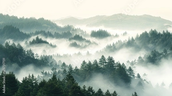 Fototapeta Misty forest with rolling hills and lush trees. AI generative. .