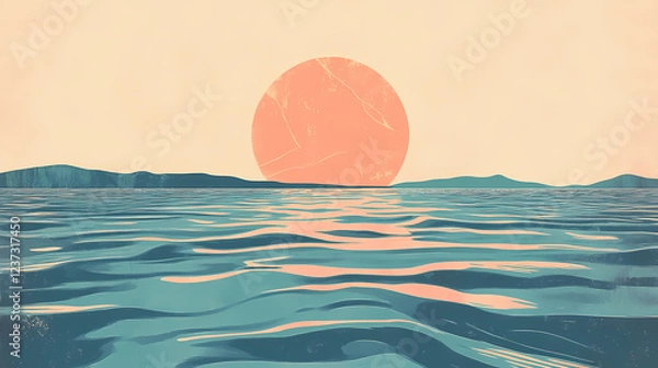 Fototapeta A retro-style poster of ripples in water, illustrated with muted pastel tones and bold typography evoking nostalgia. Pastel Nostalgia. Illustration