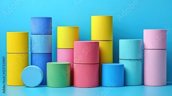 Obraz Colorful Cylinders Arrangement on Blue Background: Abstract Composition of Stacked and Scattered Cylinders in Vibrant Hues