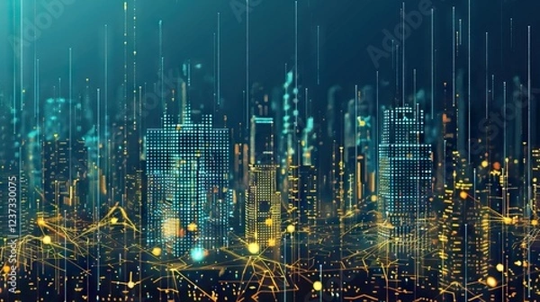 Obraz Futuristic Digital Cityscape with Illuminated Skyscrapers. AI generated illustration