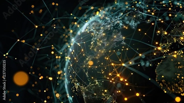 Fototapeta Abstract Digital Planet Earth with Glowing Dots and Lines. AI generated illustration.