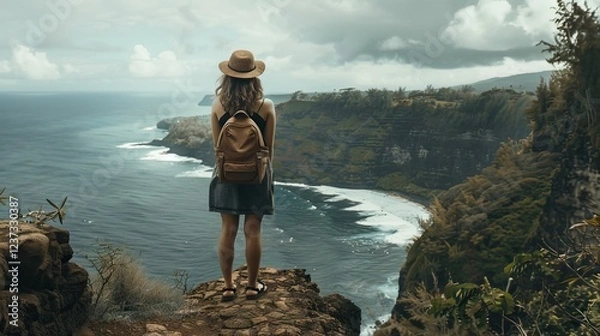 Obraz Girl Stands on the Edge of an Ocean Cliff Wearing Backpack. AI generated illustration.