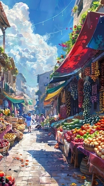 Obraz Bustling Open-Air Market with Colorful Produce and Stalls. AI generated illustration.