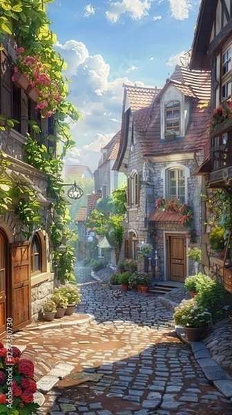 Obraz Charming European Village with Colorful Houses and Flower Pots. AI generated illustration.