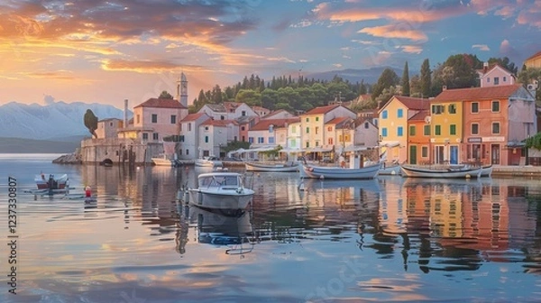 Obraz Coastal Town at Sunrise with Boats in the Harbor and Pastel-Colored Houses. AI generated illustration.