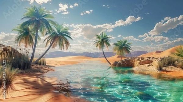 Obraz Desert Oasis with Palm Trees, Crystal-Clear Pool, and Sand Dunes Under a Scorching Sun. AI generated illustration.