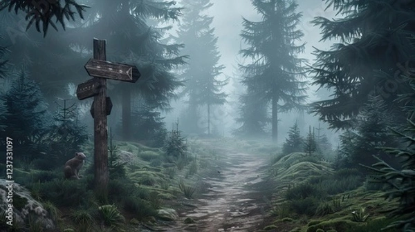 Obraz Foggy Forest Trail with Tall Pine Trees, Wooden Signpost, and Squirrel on Path. AI generated illustration.