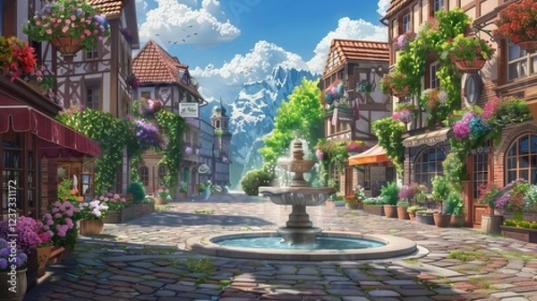 Obraz Historic Old Town Square with a Fountain. AI generated illustration