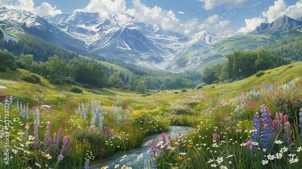 Obraz Lush Green Valley with a River Flowing Through. AI generated illustration