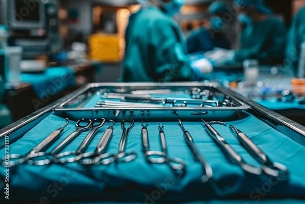 Fototapeta Surgical instruments laid out on a blue tray.  AI generative. .