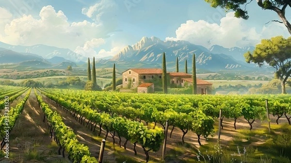 Obraz Mediterranean Vineyard with Rows of Grapevines. AI generated illustration