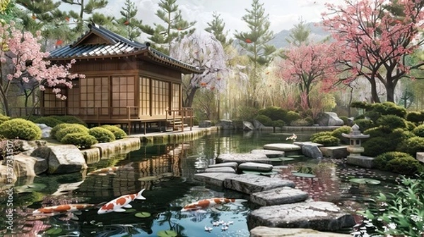 Obraz Peaceful Japanese Garden with a Traditional Tea House. AI generated illustration