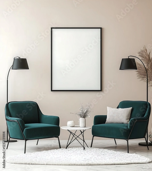 Fototapeta Modern minimalist living room with two emerald green armchairs, a round coffee table, and an empty poster frame mock-up for wall art display