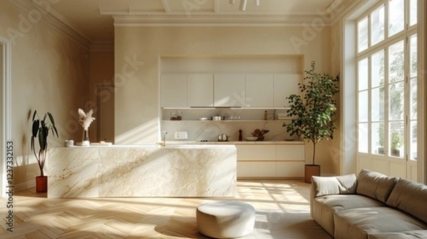 Fototapeta Modern kitchen with marble island, wood floor, and a beige sofa in a sunlit room. AI generative. .