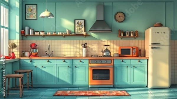 Obraz A retro kitchen with teal cabinets, a red mixer, and a cream refrigerator. AI generative. .