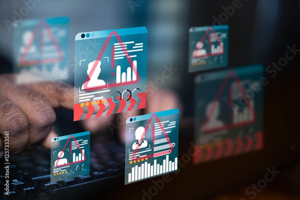 Obraz Developer man hand using laptop with triangle caution malware warning icon hologram. Scam virus spyware malware antivirus concept, cybersecurity, cyber crime, hack password