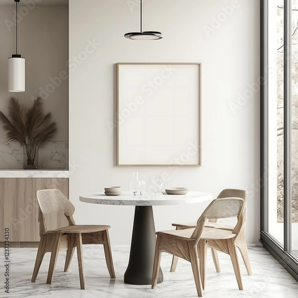 Fototapeta Minimalist dining room with a round marble table, wooden chairs, and an empty poster frame mock-up, stylish modern home interior