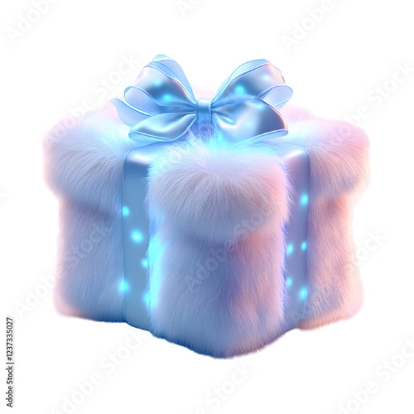 Obraz Fluffy 3D Cartoon Gift Box with Glowing Ribbons and Blue Bow Isolated on Transparent Background