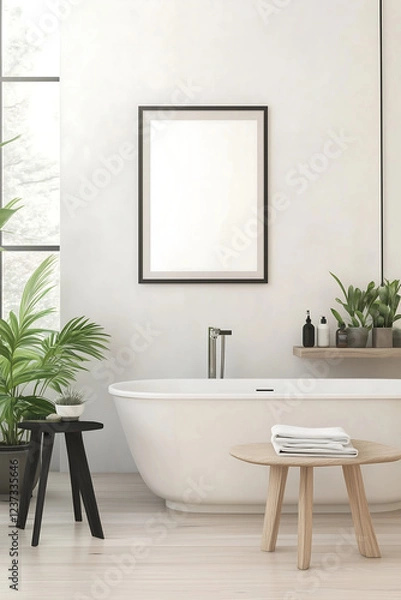 Fototapeta Luxury spa-inspired bathroom with a freestanding bathtub, large windows, and an empty poster frame mock-up for wall art design