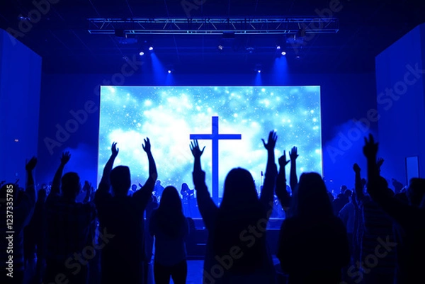 Obraz Worship concert with silhouettes of people raising hands in praise, large illuminated cross on screen, and blue stage lighting