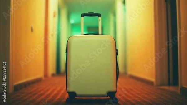 Fototapeta Brightly lit hotel corridor features a stylish suitcase resting on the floor, ready for a traveler to enjoy a luxurious experience