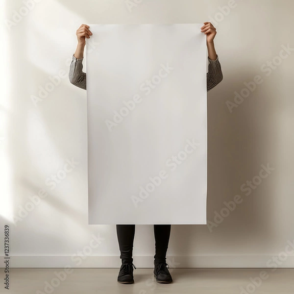 Obraz Person holding a large blank white poster in front of them, mock-up template for advertising, branding, and presentation design
