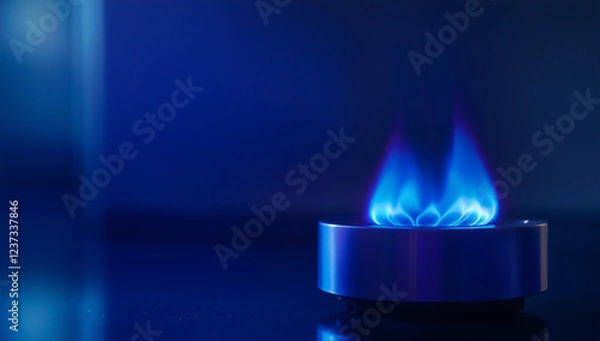 Fototapeta Close-up of a blue gas flame burning on a modern stovetop, representing energy, cooking, heating, and natural gas usage