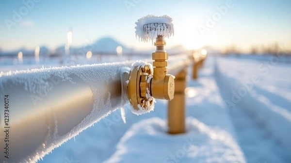 Fototapeta Frost-covered valve on a pipeline in a snowy winter landscape The sun glints off the metallic surface