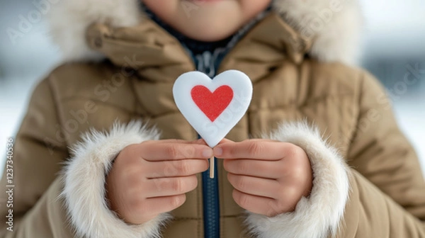 Fototapeta A young Inuit child holds a heart symbolizing love for their culture and Arctic home
