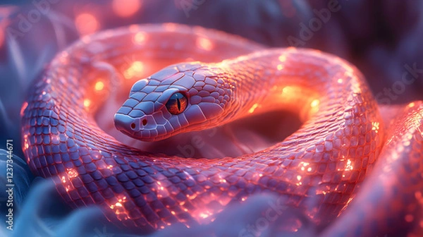 Fototapeta A hypnotic king cobra coiled in a glowing neon spiral