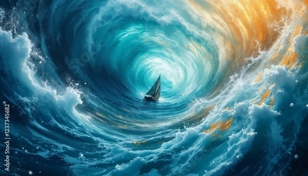 Fototapeta Whirlpool Voyage: A Tiny Sailboat Navigates a Gigantic, Swirling Ocean Vortex