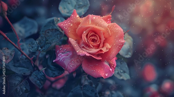 Fototapeta A close-up of a pink rose with raindrops, set against a softly blurred background.