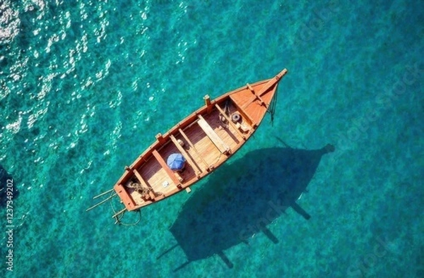Fototapeta aerial view of blue sea with floating transparent kayak is going into sand beach, person with life jacket on boat
