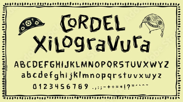 Fototapeta Alphabet in the woodcut style of the Brazilian Northeast. Letters in the style of the cordel, with leather hats and frame. Vector illustration.eps