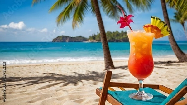 Fototapeta A photograph of a refreshing tropical cocktail with colorful garnishes, placed on a beach chair, with the ocean and palm trees in the background, in a vibrant summer photography style