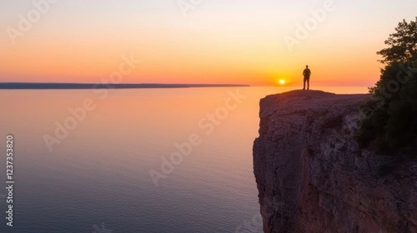 Obraz Solitary Figure at Scenic Sunset by the Water Edge