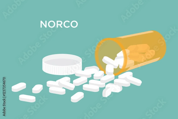 Obraz Vector Norco narcotic pain medicine tablets falling out of a prescription bottle