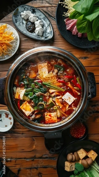 Fototapeta Overhead shot of Chinese Sichuan two-flavor hot pot, spicy and mushroom soup. Top view. AI generated illustration
