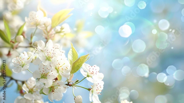 Fototapeta A close-up of white blossoms against a soft, dreamy background of light bokeh.