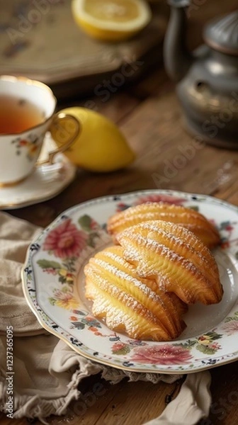 Fototapeta Perfect French madeleine cookies, buttery and delicate, served with cup of coffee. Light gray background. Top view. AI generated illustration