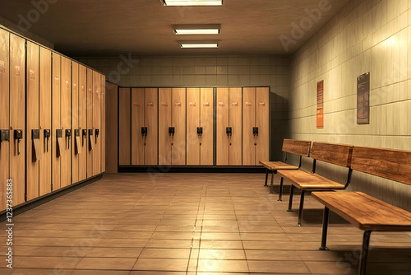 Fototapeta Empty gym locker room with benches, posters