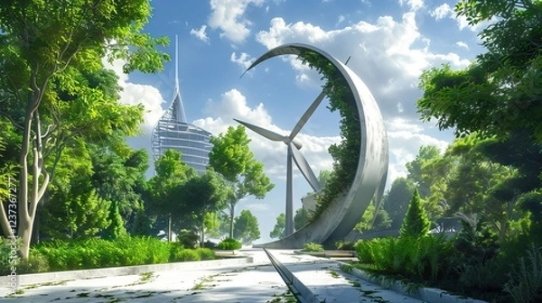 Fototapeta Aerial architecture, spheres in the grass, city of the future, idea for inspiration. AI generated illustration
