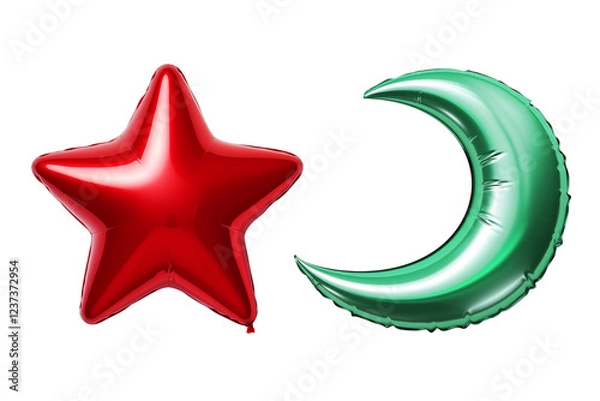 Fototapeta green moon and red star foil balloons isolated on transparent background