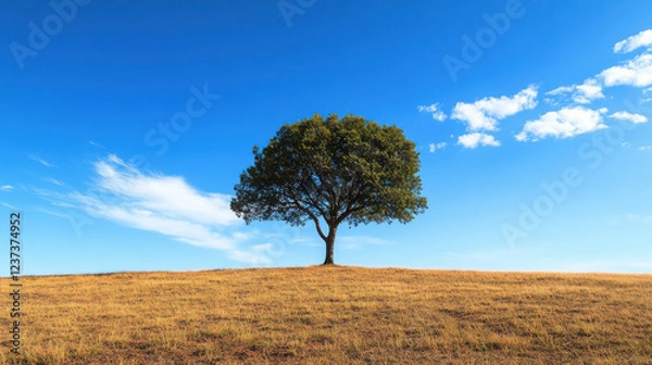 Fototapeta Majestic solitary tree on a golden dry hill beneath a vast blue sky with wispy white clouds, symbolizing strength, resilience, and the timeless beauty of nature in a serene landscape
