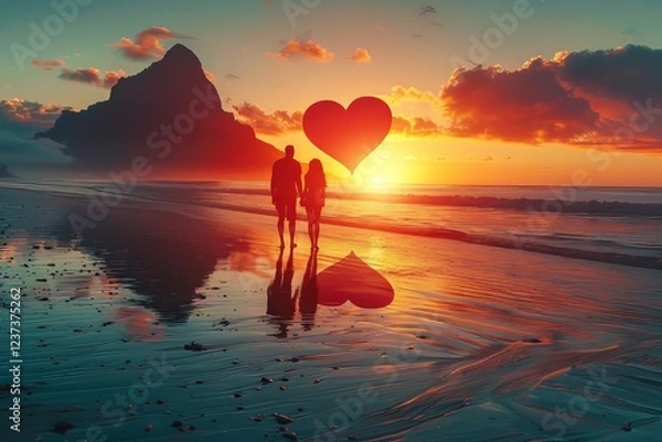 Fototapeta Couple walking hand in hand on a beach at sunset with a heart-shaped reflection in the water
