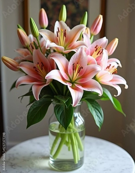 Fototapeta A beautiful bouquet of peach-colored lilies in a clear glass vase, displayed on a marble table.