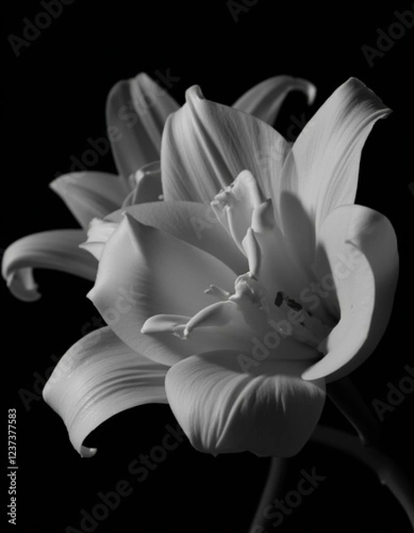 Fototapeta Elegant monochrome image of a lily flower, showcasing delicate petals and form against black.