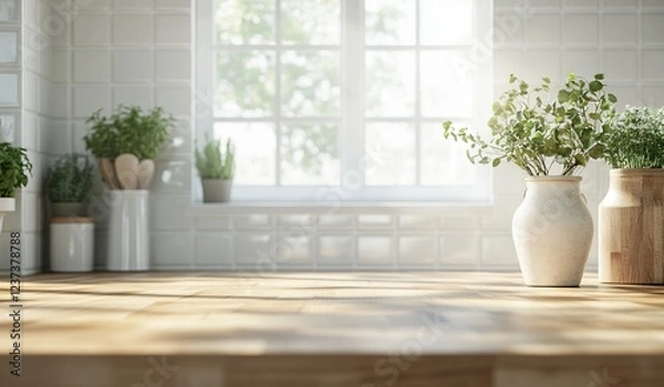 Fototapeta Blurred Kitchen Background with Wooden Countertop and White Tiles Illuminated by Sunlight - AI generated illustration