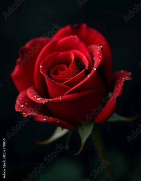 Fototapeta A vibrant red rose with delicate water droplets clinging to its petals, set against a dark, blurred background.